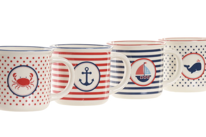 DKD Home Decor Mug Mediterraneo Azul Marino Rojo Porcelana New Bone Apto Microondas Lavavajillas 9.5x9x12.5 cm (12 Unidades)