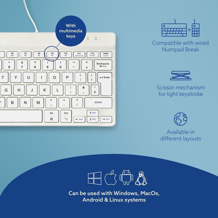 R-Go Tools Teclado Ergonómico R-Go Compact Break, Compacto con Software de Pausa, QWERTY UK, Cableado, Blanco