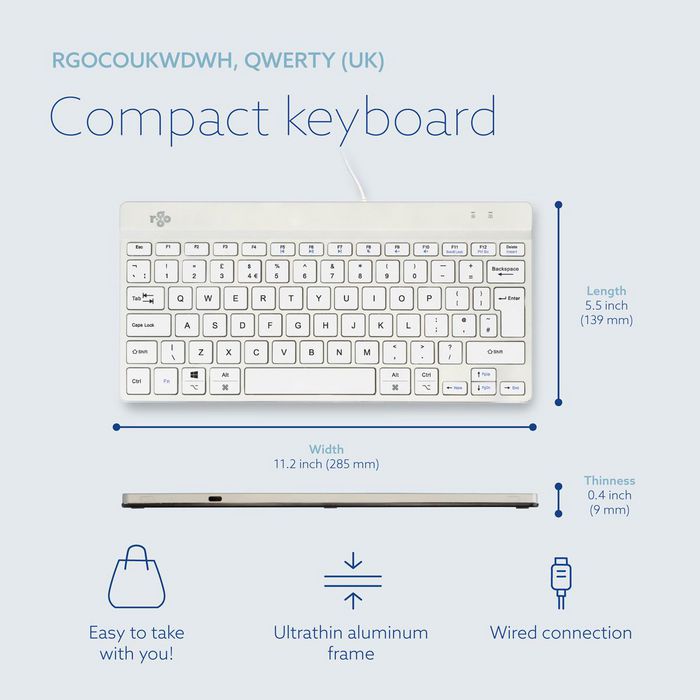 R-Go Tools Teclado Ergonómico R-Go Compact Break, Compacto con Software de Pausa, QWERTY UK, Cableado, Blanco