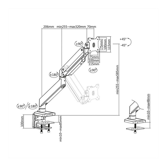 ROLINE LCD-Arm 17.03.1116, Brazo de Monitor de Gasfeder 5 Gelenke, Soporte de Escritorio hasta 18 kg para Pantallas VESA 75x75 y 100x100 mm, Negro