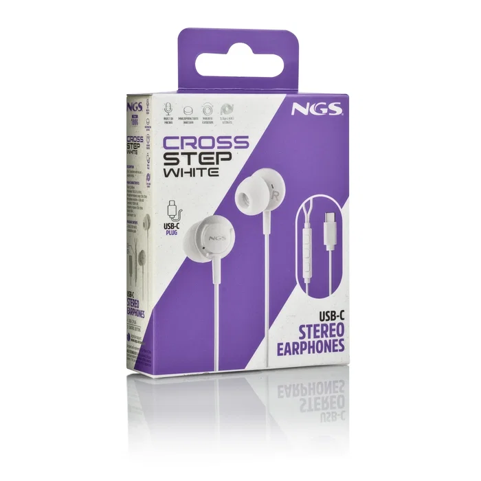 NGS Auriculares Intrauditivos Alámbricos CROSS STEP con Micrófono USB-C para Llamadas/Música, Control Multifunción, Color Blanco