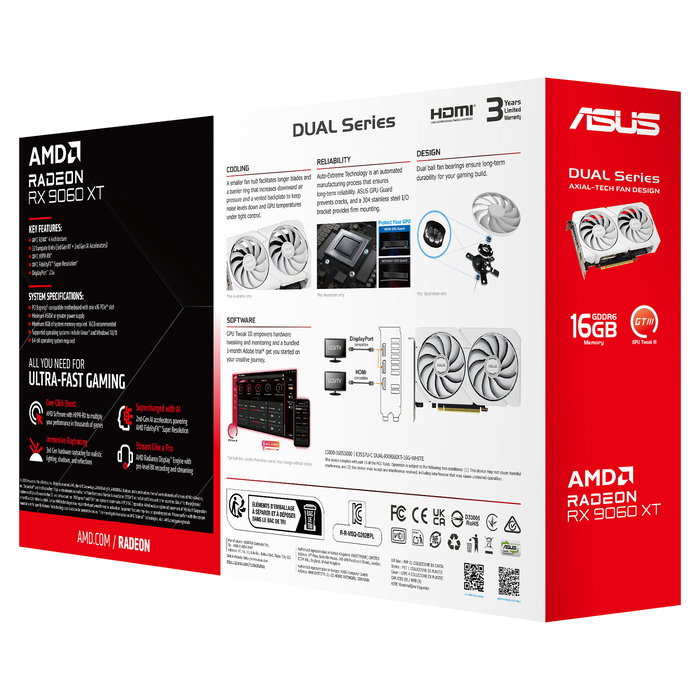 ASUS Tarjeta Gráfica DUAL Radeon RX 9060 XT 16GB GDDR6 Blanco - PCIe 5.0, 2 Ventiladores Axial-tech