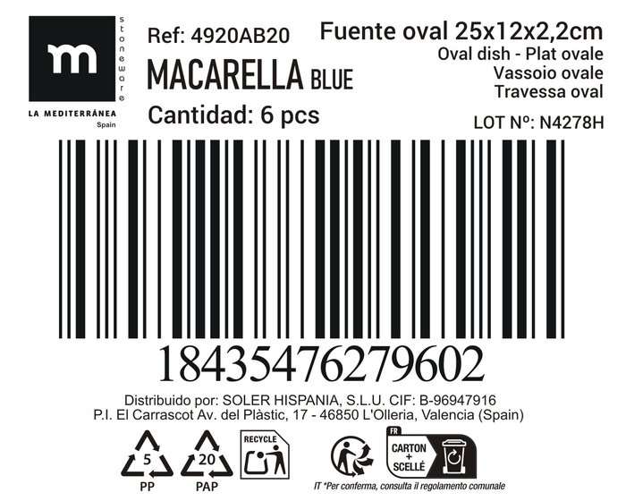 La Mediterranea Fuente Oval Macarella Blue 25 cm x 12 cm x 2.2 cm (24 Unidades)