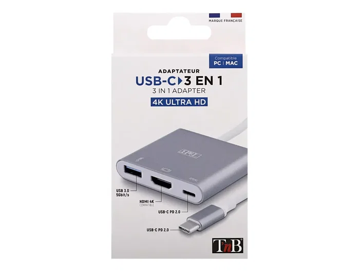 TNB Adaptador de video USB-C a HDMI 3 en 1 - Gris TNB Adaptador de video USB-C a HDMI 3 en 1 - Gris