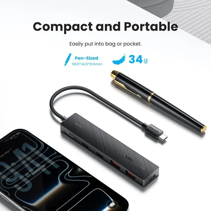 Vention Hub USB 3.2 de 5 Puertos con 2x USB-C, 2x USB-A y 1x USB-C PD Gris CKDBB
