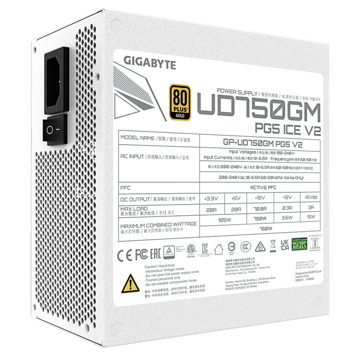 GIGABYTE UD750GM PG5 V2 ICE Fuente de Alimentación 750W 80 PLUS Gold ATX 3.1 Modular Blanca
