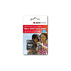 AgfaPhoto Tarjeta MicroSDXC UHS-I 64GB, Clase 10, U1, Adaptador SD Incluido, Negro