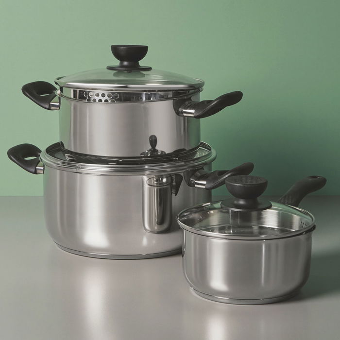 Day Batería de Cocina de 3 Piezas de Acero Inoxidable con Tapas de Cristal y Válvula de Vapor