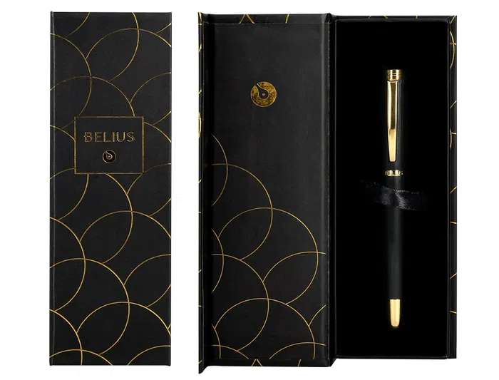 Belius Bolígrafo Passion D'or, Aluminio Textura Cepillada Negro y Dorado, Tinta Azul Caja Diseño Elegante, Regalo Glamour