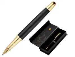 Belius Bolígrafo Passion D'or, Aluminio Textura Cepillada Negro y Dorado, Tinta Azul Caja Diseño Elegante, Regalo Glamour