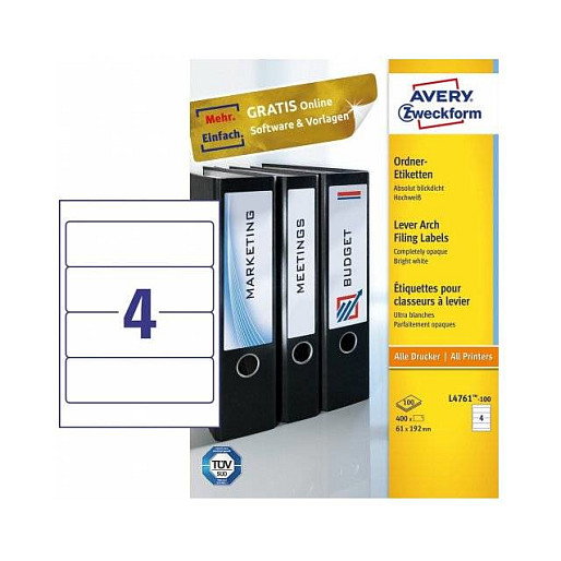 AVERY Zweckform Etiquetas para Carpetas L4761-100, Blanco, 400 unidades