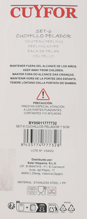 Cuyfor Set de 6 Cuchillos con Pelador de 7.5 cm para Cocina Profesional y Hogar - Incluye Medidas: 27.4 x 10.4 x 1.3 cm (24 Unidades)