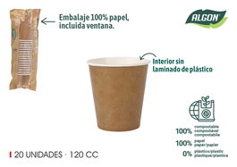 Algon Set 20 Vasos Cartón Kraft 120 cc (Ancho 6 cm, Alto 6.5 cm, Largo 6 cm) (24 Unidades)