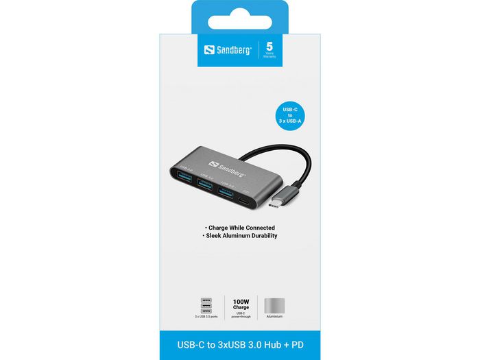 Sandberg Hub USB-C a 3x USB 3.0 + Power Delivery para carga y expansión de puertos para MacBook y portátiles Sandberg Hub USB-C a 3x USB 3.0 + Power Delivery para carga y expansión de puertos para MacBook y portátiles