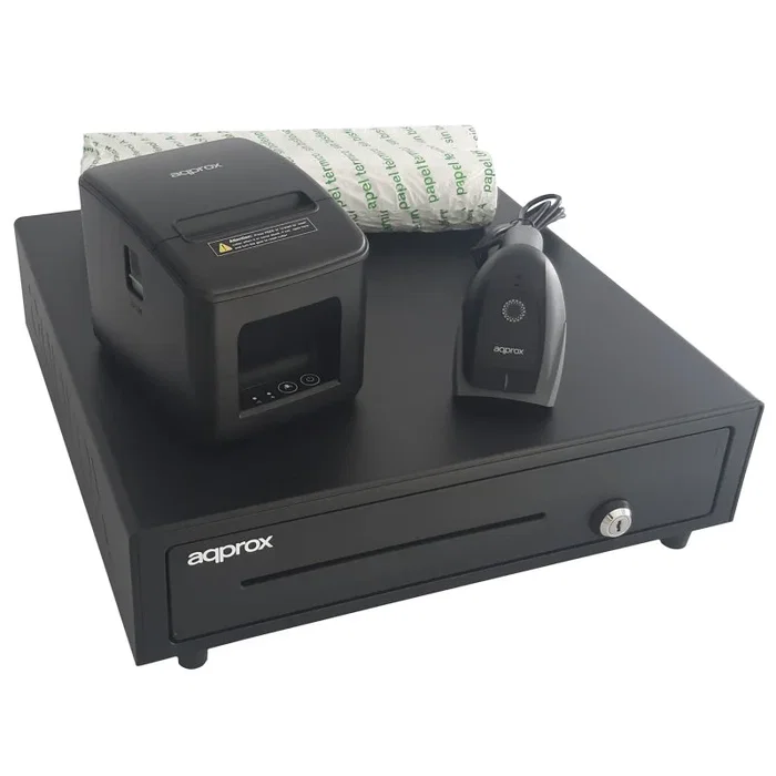 Approx appPOSPACK4180USB-2D Kit TPV Completo: Cajón Portamonedas appCASH01 Negro + Impresora Térmica appPOS80AM-USB 80mm + Lector 2D appLS22 + Rollos Papel
