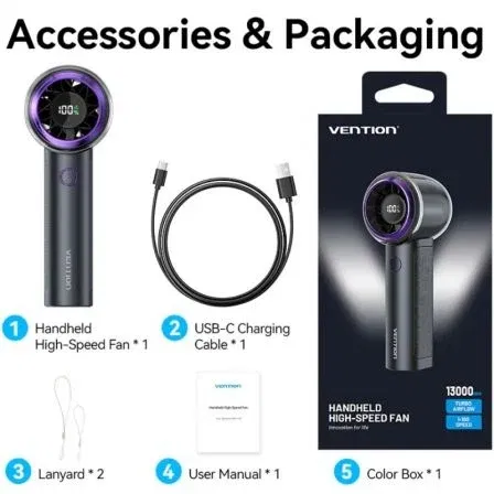 Vention Ventilador de Mano PBBV0, Ventilador Portátil con 4 Velocidades y Carga USB-C, Color Púrpura