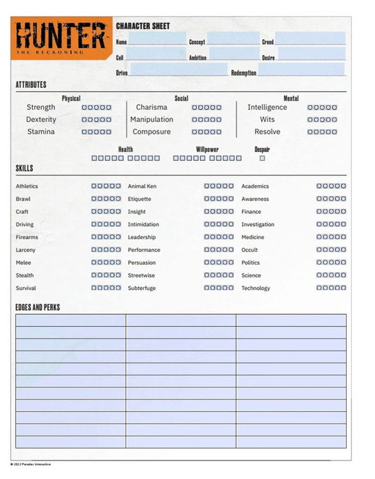 Renegade Hunter: The Reckoning 5th Edition RPG Diario Expanded Character Sheet Journal Edición Inglés Renegade Hunter: The Reckoning 5th Edition RPG Diario Expanded Character Sheet Journal Edición Inglés