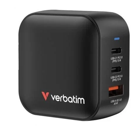 Verbatim Cargador de Pared Universal GaN 70W Mini 3 Puertos (2xUSB-C, 1xUSB-A) para Viaje - 32229