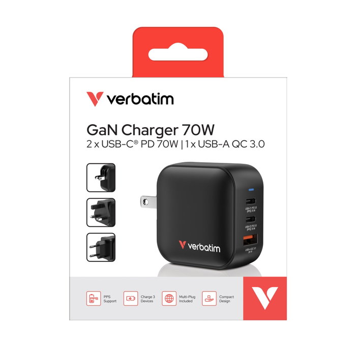 Verbatim Mini GaN Charger 70W 2xUSB-C PD, 1xUSB-A QC 3.0 Verbatim Mini GaN Charger 70W 2xUSB-C PD, 1xUSB-A QC 3.0