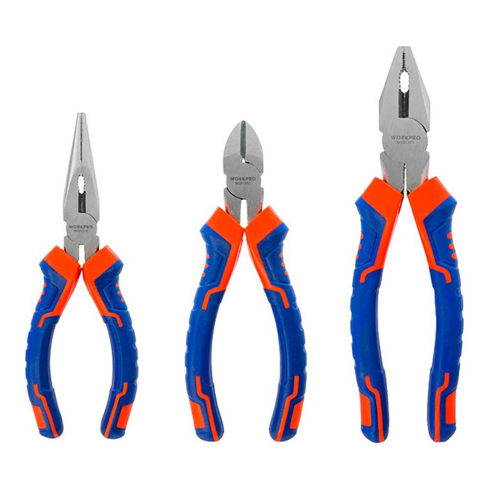 Workpro Juego de 3 Alicates - Universal 200mm, Punta Larga 160mm, Corte Diagonal 160mm - Acero al Carbono Forjado, Mangos Bimaterial Confort