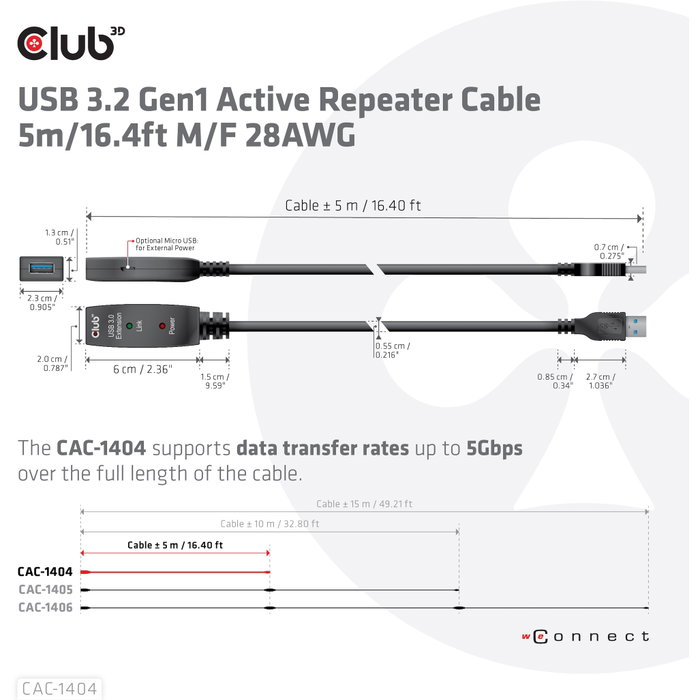 Club 3D CAC-1404 Cable de extensión USB 3.2 A de 5 m, 5 Gbps, Negro