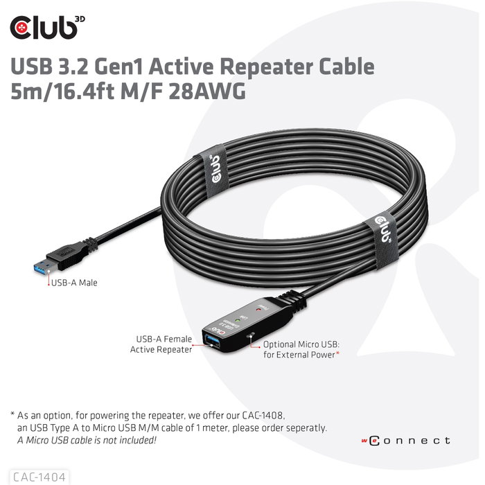 Club 3D CAC-1404 Cable de extensión USB 3.2 A de 5 m, 5 Gbps, Negro