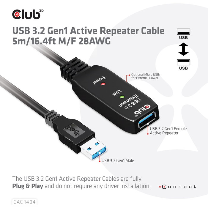 Club 3D CAC-1404 Cable de extensión USB 3.2 A de 5 m, 5 Gbps, Negro