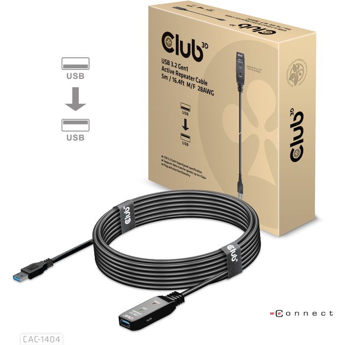 Club 3D CAC-1404 Cable de extensión USB 3.2 A de 5 m, 5 Gbps, Negro