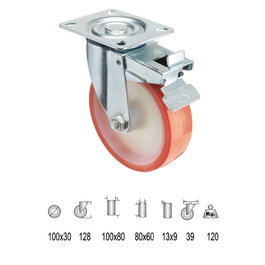 WOLFPACK LINEA PROFESIONAL Rueda Industrial Poliuretano Placa con freno 100 mm
