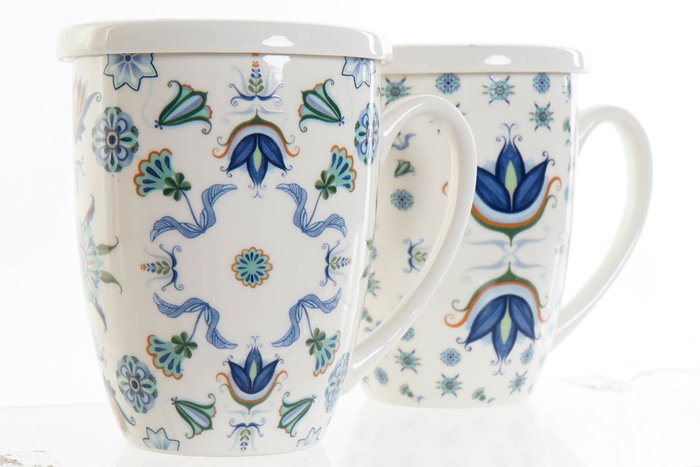 DKD Home Decor Mug Infusiones Tradicional Azul Blanco Porcelana 12 Unidades 380ml Apto Microondas Lavavajillas 12 x 9 x 11 cm