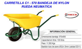 Carretilla C1/570 con bandeja de nylon amarilla de 100 LT y rueda neumática