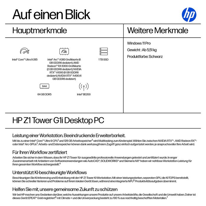 HP Z1 G1i Tower CU9 285/64GB/1TB/W11Pro Ordenador de sobremesa con WLAN