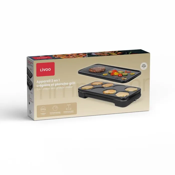 Livoo DOC349N Crepera y Plancha 2 en 1 de 1500 W para 8 Mini Crepes (11.5 cm), Sin PFAS, Color Negro