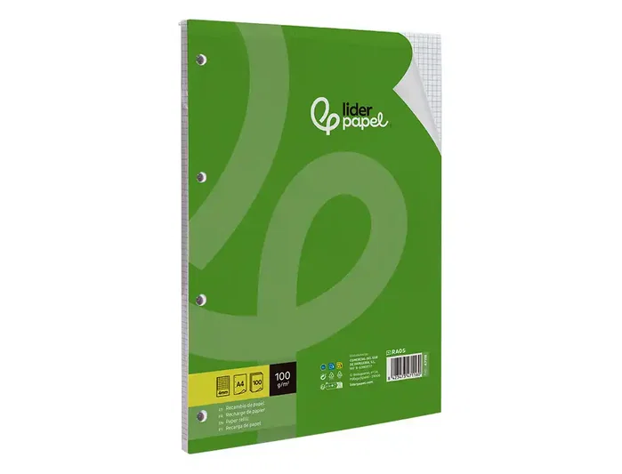 Liderpapel Recambio A4 100 hojas 100g cuadro 4mm con margen y 4 taladros Liderpapel Recambio A4 100 hojas 100g cuadro 4mm con margen y 4 taladros
