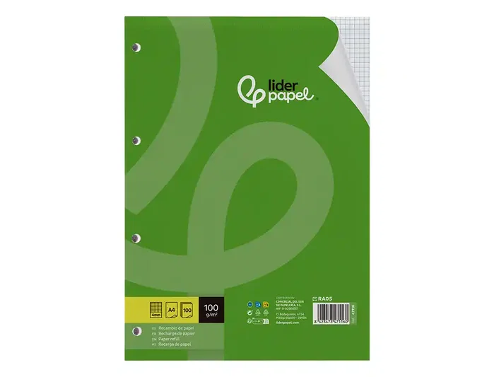 Liderpapel Recambio A4 100 hojas 100g cuadro 4mm con margen y 4 taladros Liderpapel Recambio A4 100 hojas 100g cuadro 4mm con margen y 4 taladros