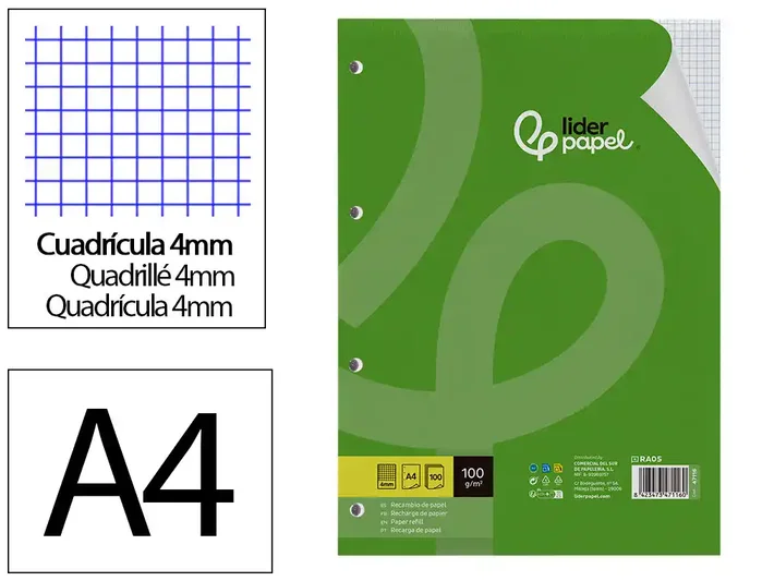 Liderpapel Recambio A4 100 hojas 100g cuadro 4mm con margen y 4 taladros Liderpapel Recambio A4 100 hojas 100g cuadro 4mm con margen y 4 taladros