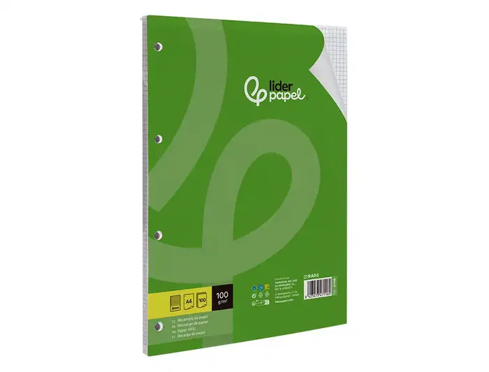 Liderpapel Recambio A4 100 hojas 100gr Cuadro 4mm con Margen 4 Taladros