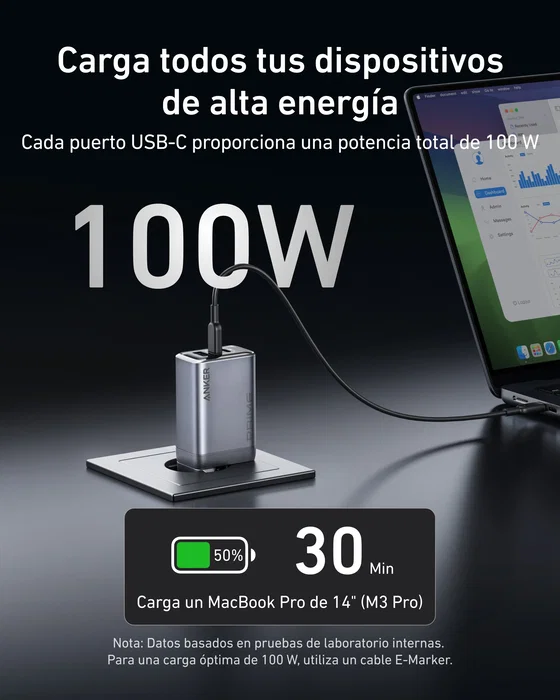 Anker Prime Charger 100W 3 Puertos GaN (1 x USB-A, 2 x USB-C) Negro