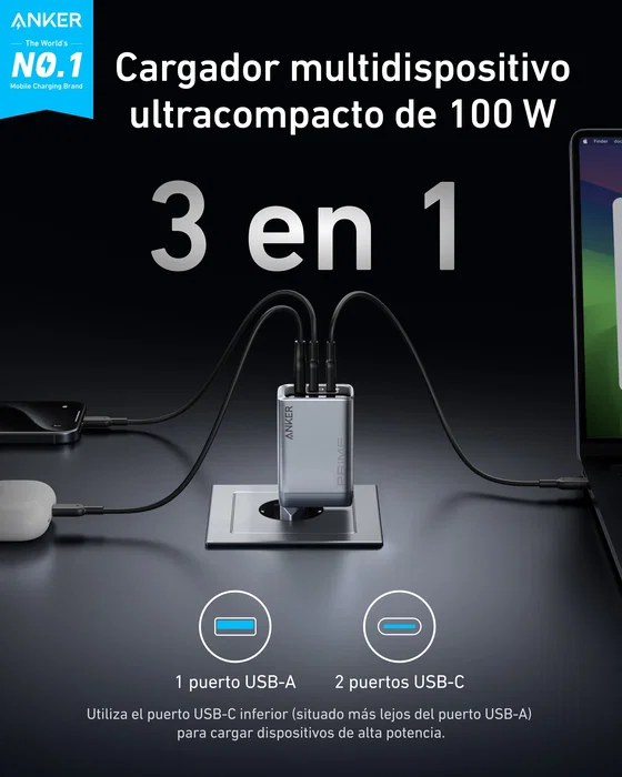 Anker Prime Charger 100W 3 Puertos GaN (1 x USB-A, 2 x USB-C) Negro