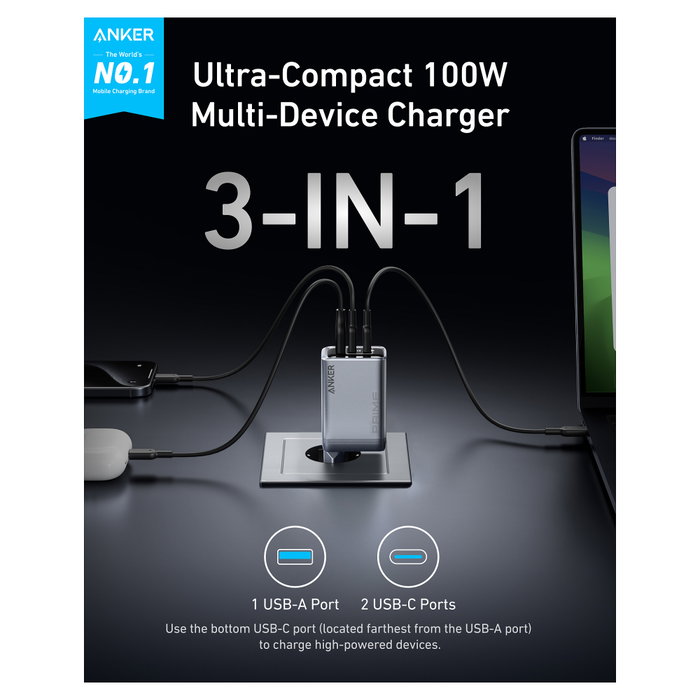 Anker Prime Charger 100W 3 Puertos GaN Negro A2688341 Anker Prime Charger 100W 3 Puertos GaN Negro A2688341