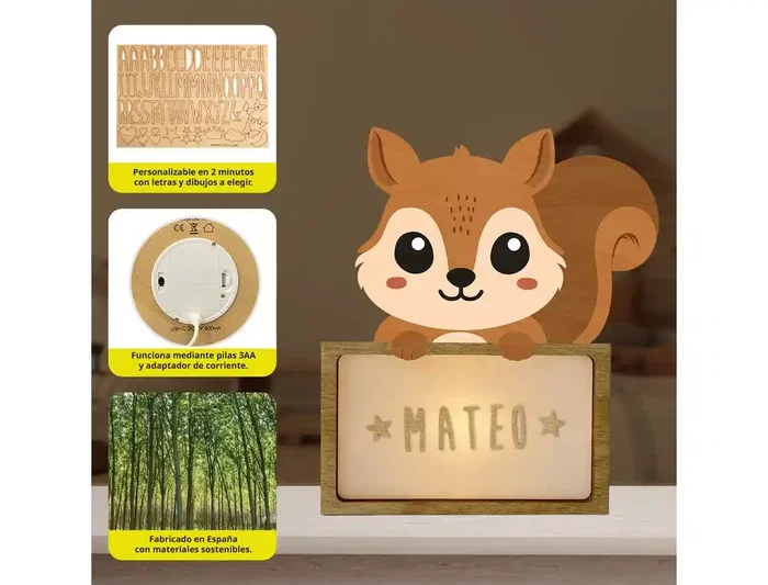 Wondee Lámpara Quitamiedos Personalizable Infantil Ardilla Madera Sostenible Luz Noche Bebé Regalo Original Wondee Lámpara Quitamiedos Personalizable Infantil Ardilla Madera Sostenible Luz Noche Bebé Regalo Original