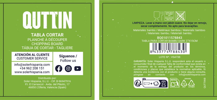 Quttin Tabla para Cortar Bambú Dark 27 cm x 15.3 cm (24 Unidades)