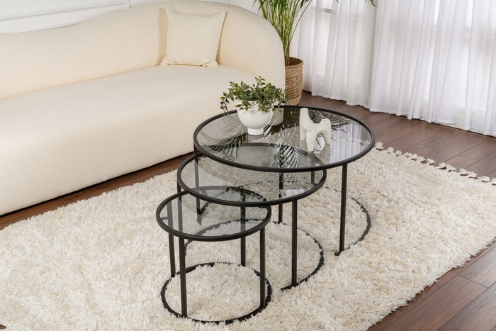 Nordure Juego de Mesas de Café, 80 60 42 cm, Negro Gris, Vidrio Templado Metal, Moderno Hogar