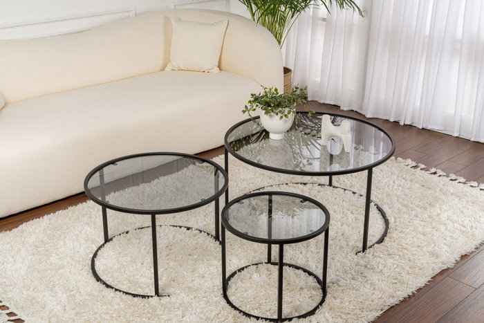 Nordure Juego de Mesas de Café, 80 60 42 cm, Negro Gris, Vidrio Templado Metal, Moderno Hogar