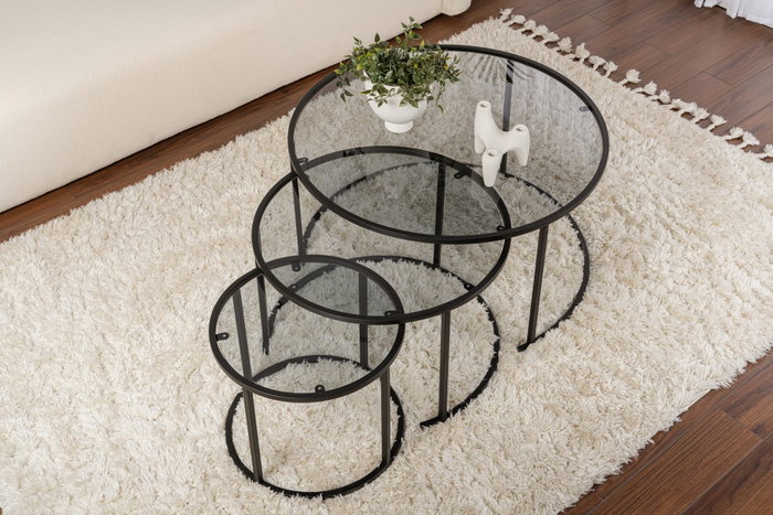 Nordure Juego de Mesas de Café, 80 60 42 cm, Negro Gris, Vidrio Templado Metal, Moderno Hogar