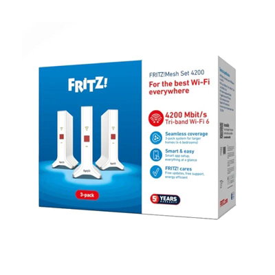 FRITZ! Repeater 4200 Wi-Fi 6 Mesh System, Pack de 3 Unidades, Hasta 4200 Mbps, Triple Banda, 2 Puertos Gigabit Ethernet por Repetidor, WPA3