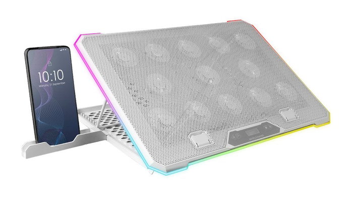 Mars Gaming MNBC13W Base Refrigeración Portátil hasta 17" - 13 Ventiladores RGB, Pantalla LCD, Función Stand 8 Niveles, Soporte Smartphone, 2 Puertos USB, Color Blanco