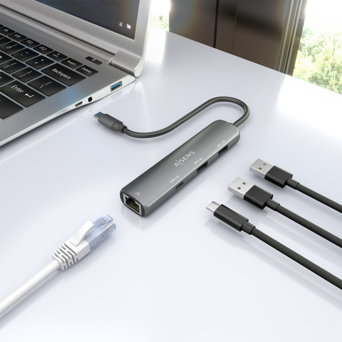 AISENS Dock USB-C a Ethernet Gigabit + 1xUSB-C + 2xUSB-A, Gris, Conector USB 3.1 Gen1, RTL8153B
