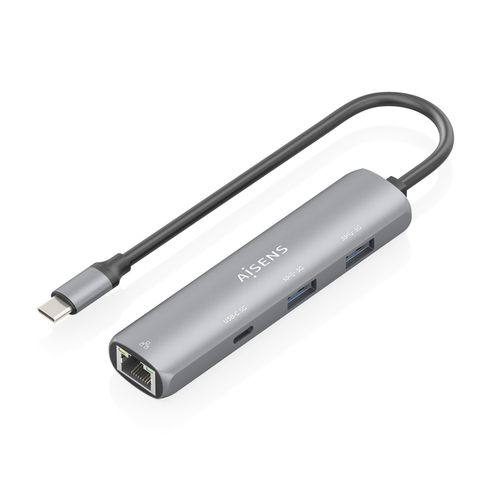 AISENS Dock USB-C a Ethernet Gigabit + 1xUSB-C + 2xUSB-A, Gris, Conector USB 3.1 Gen1, RTL8153B