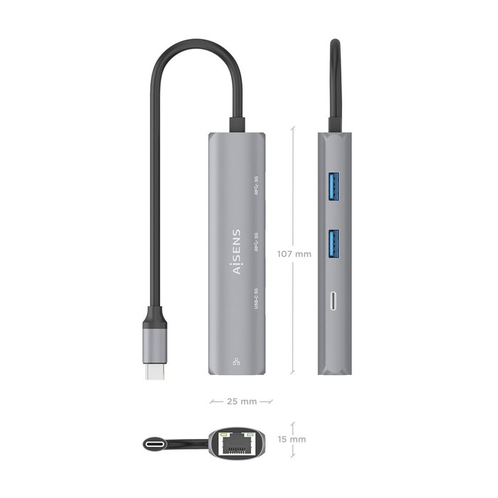 AISENS Dock USB-C a Ethernet Gigabit + Hub 1xUSB-C + 2xUSB-A, Gris, 15cm AISENS Dock USB-C a Ethernet Gigabit + Hub 1xUSB-C + 2xUSB-A, Gris, 15cm
